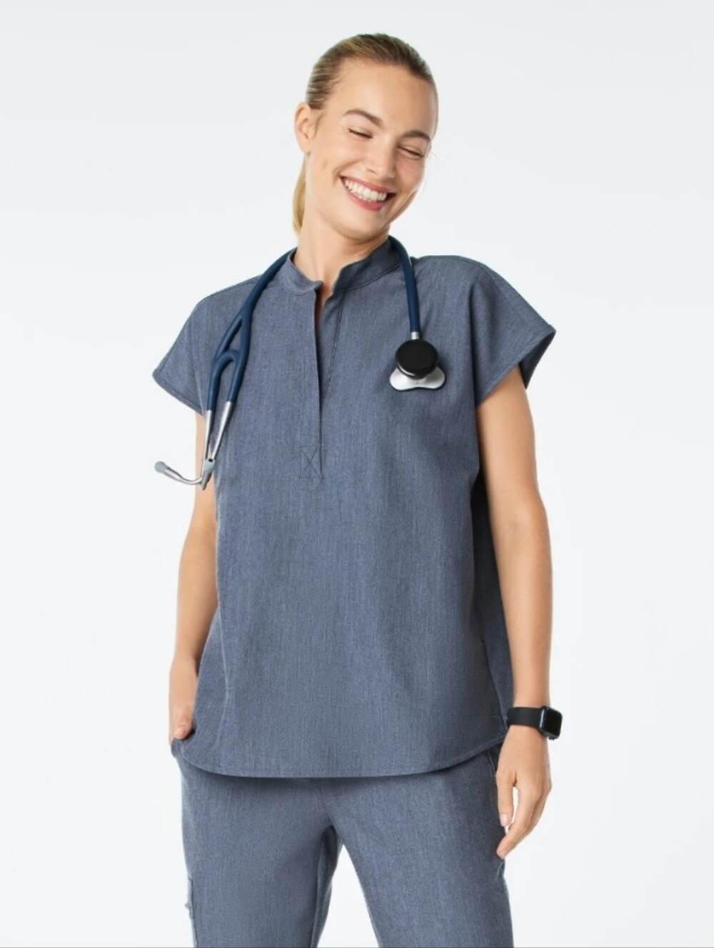 NWT FIGS Rafaela Scrub Top Heather Denim Large Blue Gray Grey